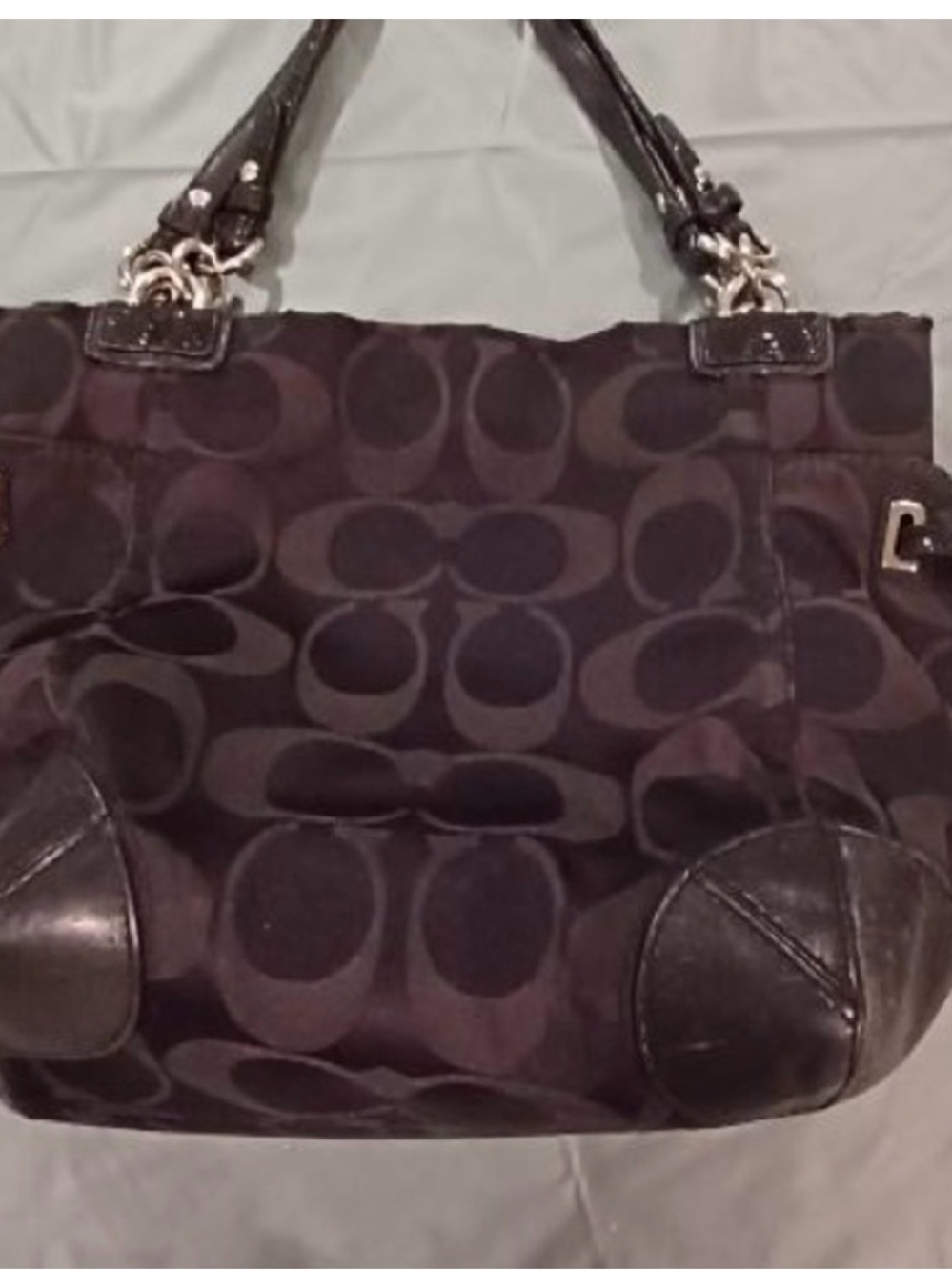 Vintage Coach Black Signature Shoulder Tote with Leather Trim